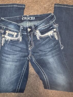 Grace Dark Blue Girls' Rhinestone Fringe Jeans FROM CAVENDERS